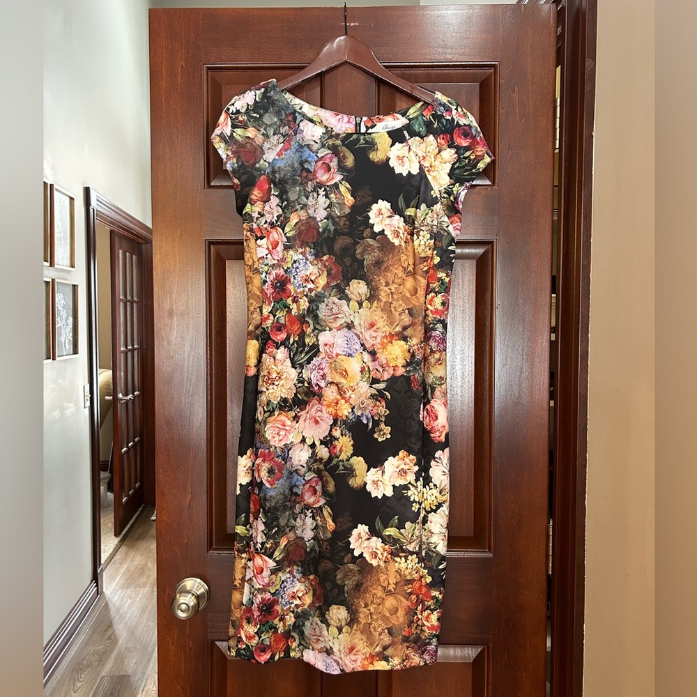 Beige by ECI Floral Sheath Dress Stretch Lined Knee Length. Size 10